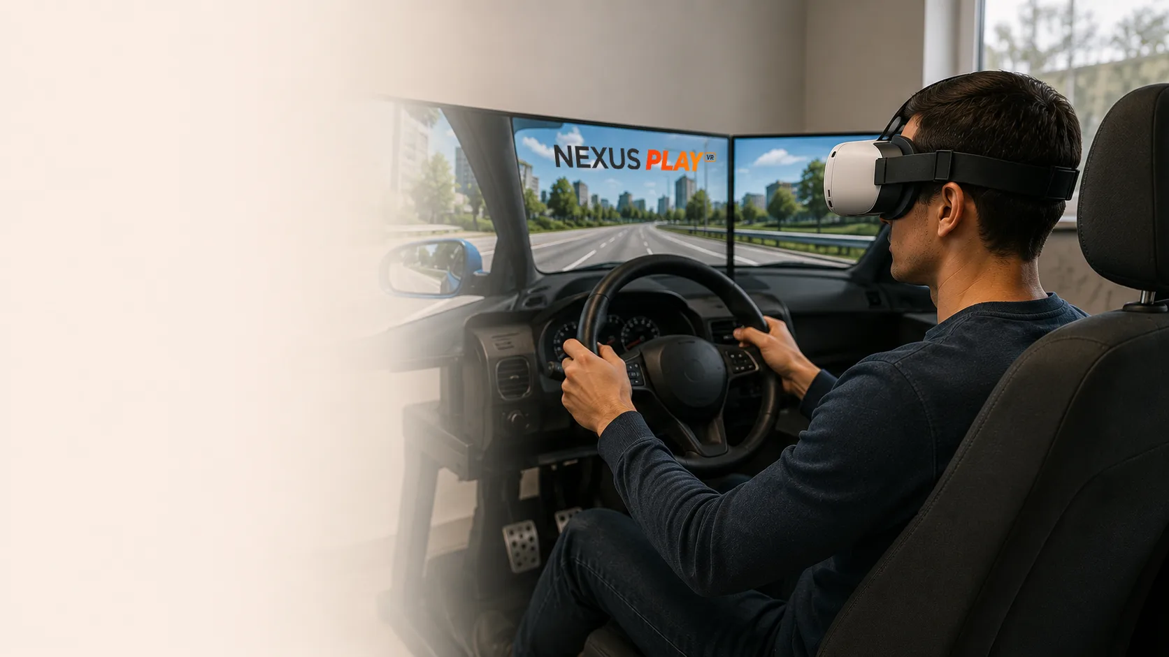 Learner using a VR driving training simulator with steering wheel and dashboard.