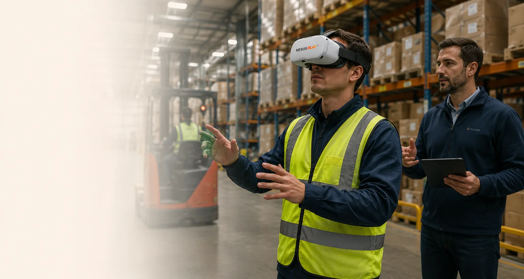 New employee using VR for workplace onboarding and SOP practice.