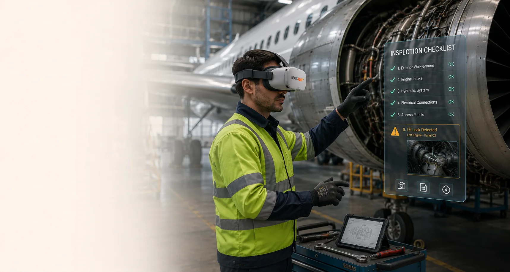 Technician practising inspection and maintenance steps in VR near industrial equipment.