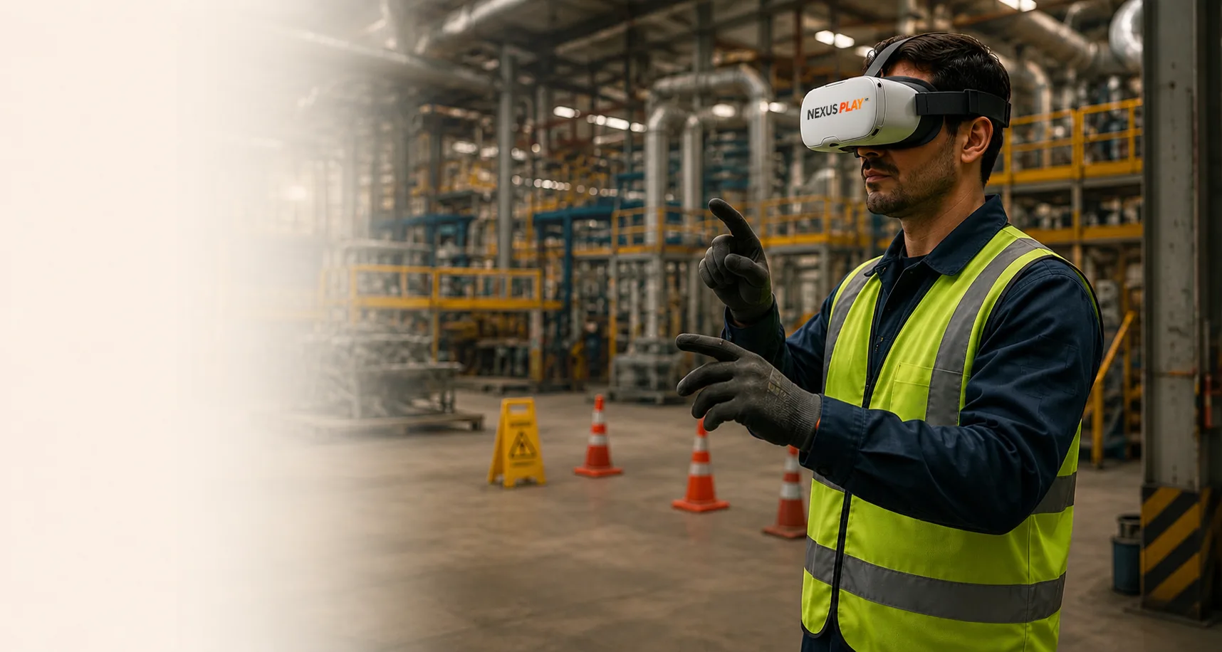 Worker wearing a VR headset and safety helmet during workplace safety training.
